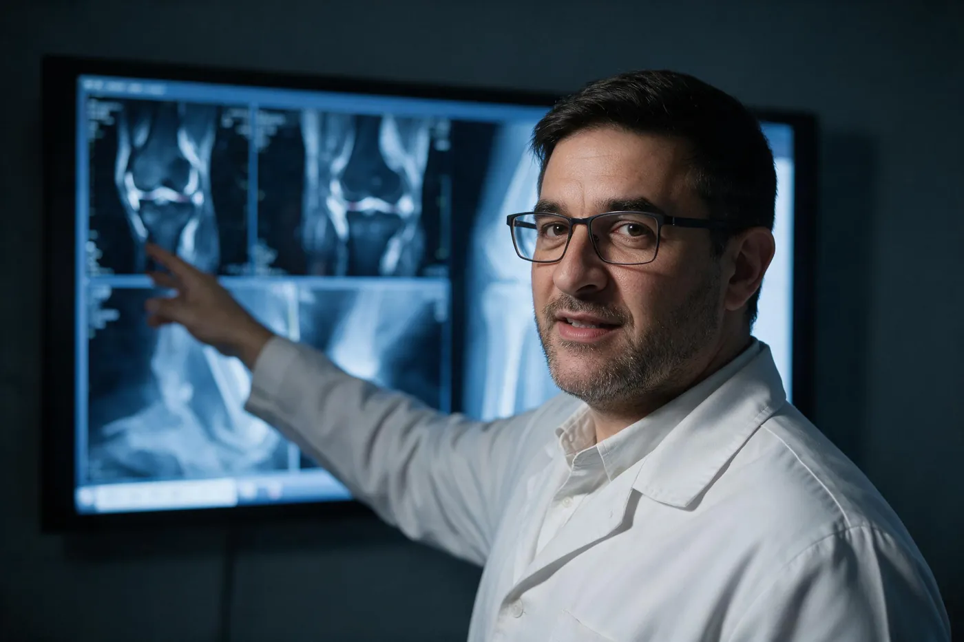Dr. Guilherme Alvim avaliando exames de imagem do joelho